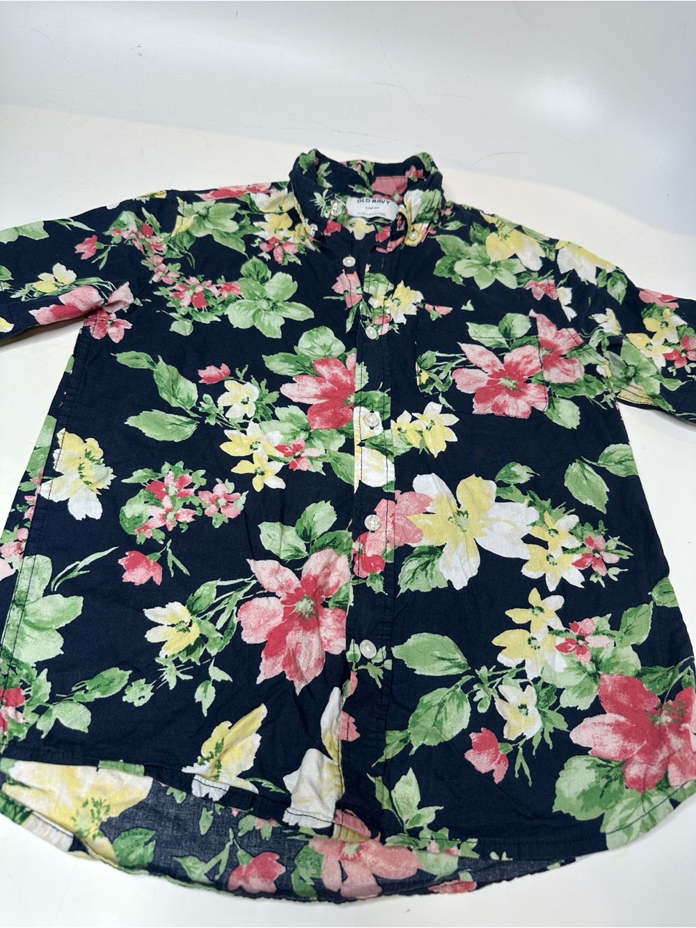 Old Navy Black Floral Button-Down Shirt with Pink, Yellow & Green